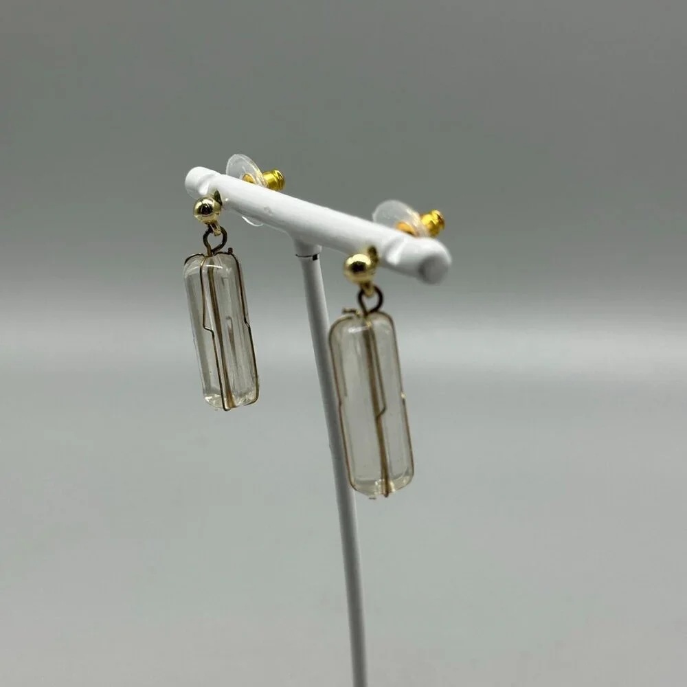 3/$30 Vintage Clear Earrings Gold Tone Acrylic Pillar Dangle Mod Retro 1.25